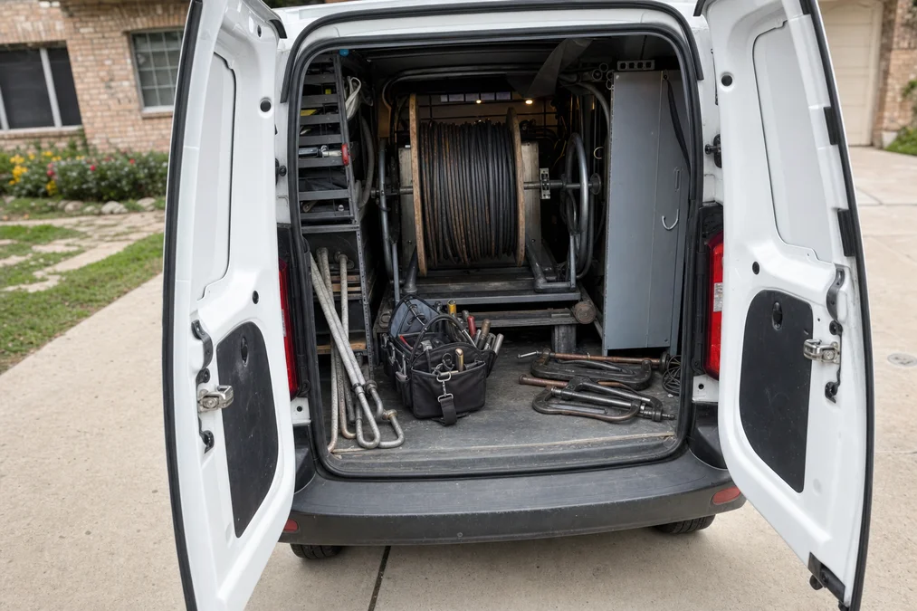 Work van cargo area with garage door repair tools — arriving at a job in Keller TX