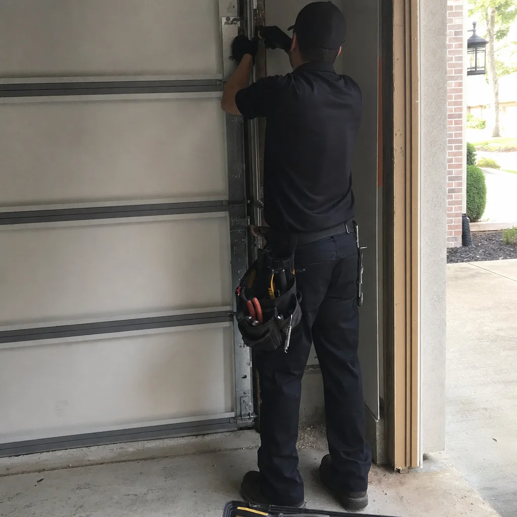 Garage door technician working on a track repair — candid on-site photo in Southlake TX
