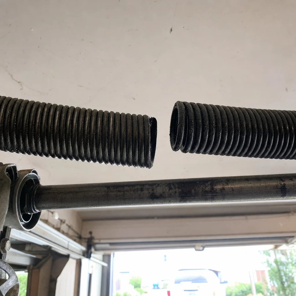 Broken torsion spring with separated coil — damage documented before repair in Southlake TX